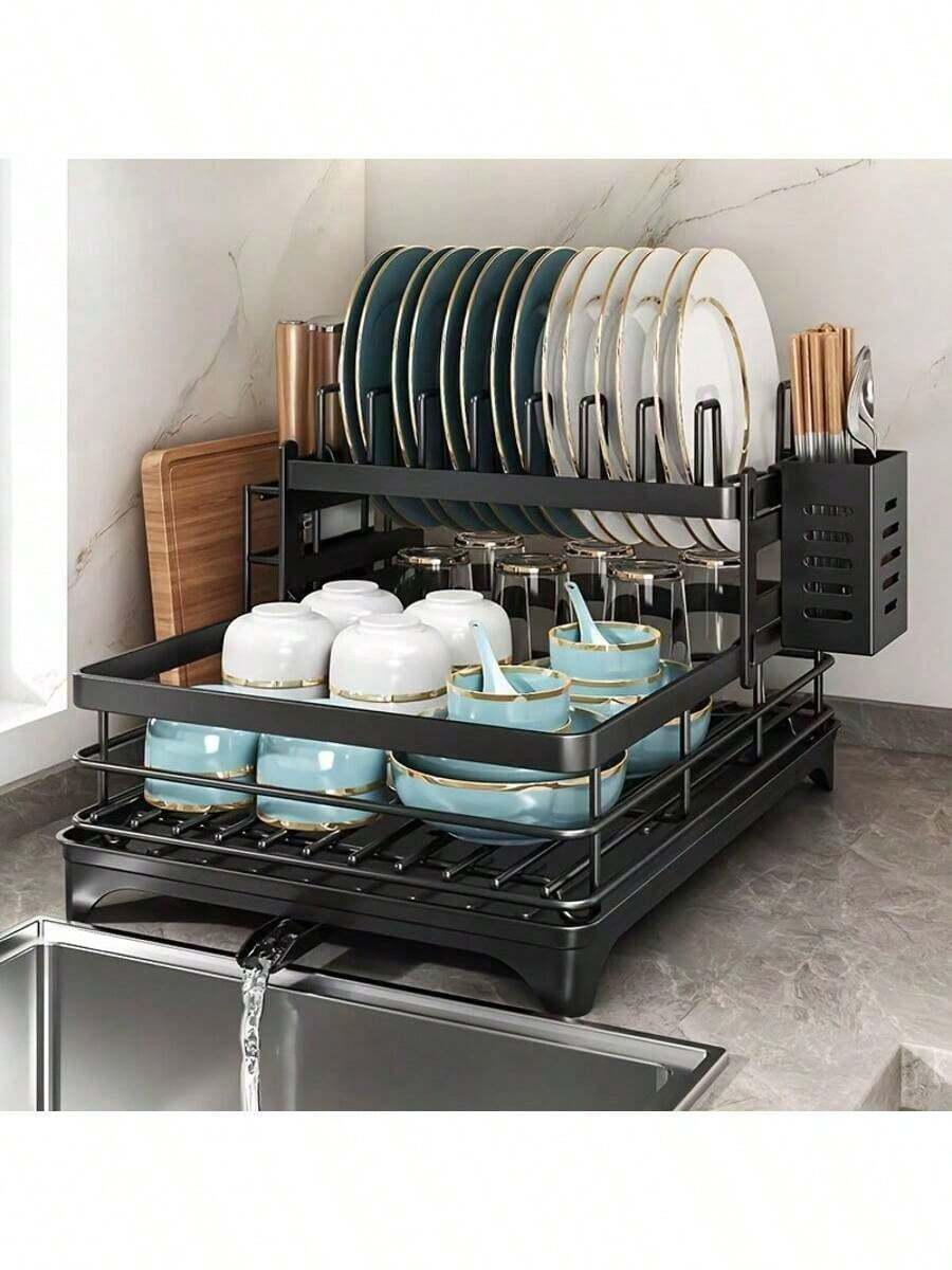 2-Tier Black Expandable Dish Drying Rack, Suitable For Kitchen Countertops, Large Dish Drainer With Pot Rack, Cup Rack, And Dish Rack For Iron Kitchen Counters And Sink Dish Racks - Large-Capacity Storage Rack With Draining Board,Kitchen Essentials