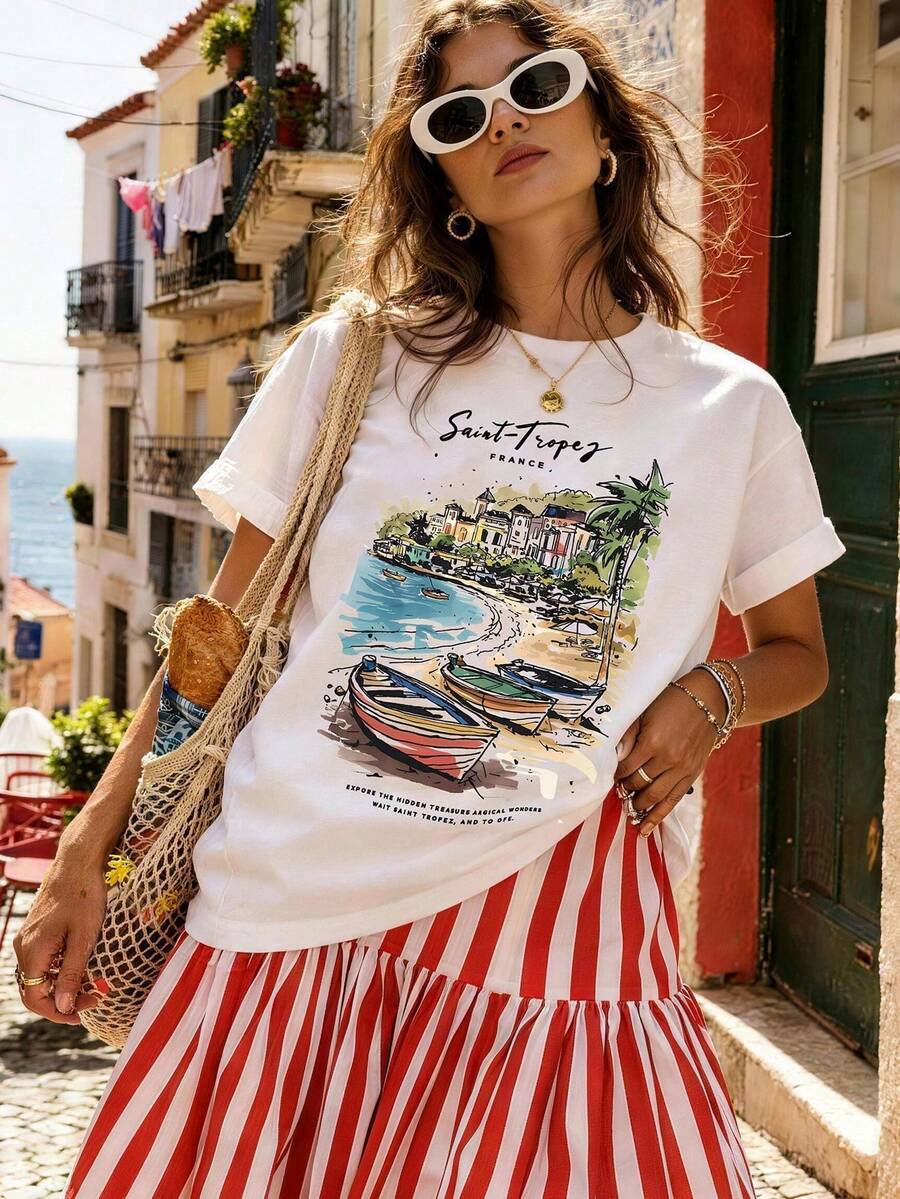 Women's 180g (Sizes S-XXXL), Casual Urban Summer Vacation Clothing, Short Sleeve Graphic T-Shirt, Funny Colorful Text T-Shirts, Personalized T-Shirt For Mom - 白色 3 - 查看 1