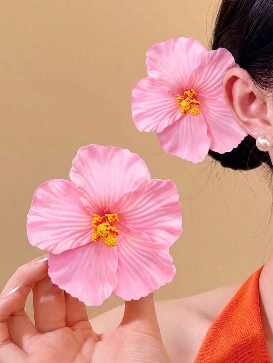 2件組女性粉色扶桑花熱帶花卉髮夾，適合夏季海灘度假旅行日常節日派對髮飾