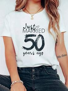 Hace 50 años que nos casamos Camiseta drtida de 50th anrsario de boda Impresión de cuello redondo Camiseta de manga cortara mujer Casual, Verano, Gráfico de mujer Tops de mujer - Blanco - Ver 2