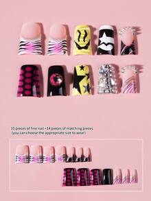 24pcs Y2K Long Duckbill Star Leopard Print French Press-On Nails, Rhinestone And Stud Decor, Acrylic Fake Nails Set, Includes: 1pc Jelly Glue And 1pc Nail File. Gothic Style. - Multicolor - View 7