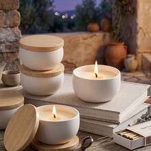 46PCS/Set Candle Making Kit: Features 2.5-Ounce White Tin Candle Containers With Wood-Grain Lids. Versatile For Use In Home Decor, As Candy Tins, Storage Boxes, And More; Perfect For Handmade Candle Crafting. Constructed From Durable Metal. - 6 Empty Candle Jars + 40 Candle-making Accessories - View 5