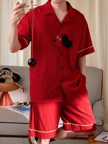 Gongdie 2 Pieces Couple Men Pajama Set,Summer Soft Cotton With Gold Zigzag Trim And Dog Print Loungewear - Red - View 3