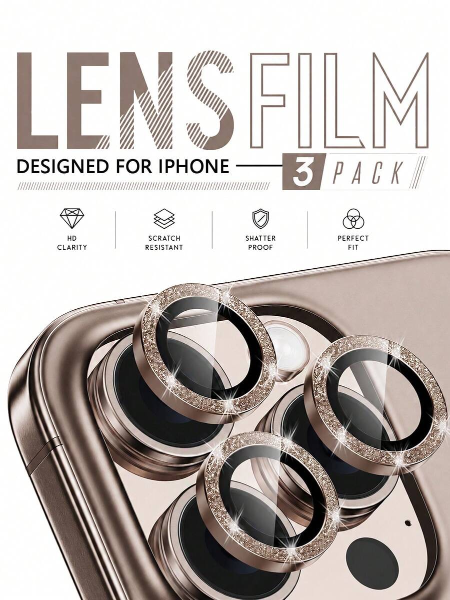 3入裝 亮片棕色相機鏡頭螢幕保護貼，相容 iPhone 16 Pro/16 Pro Max，亮面金屬環，9H 硬度，防刮，相容 17 Pro Max/17 Pro/17/17 Air/16 Plus/16/15/14/13/12/11 系列，時尚手機配件，可搭配手機殼，適合送給家人與朋友的禮物，含包裝