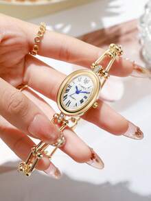 Women's Exquisite Oval Roman Numeral Bracelet Watch, U-Shaped Beaded Chain Rhinestone Inlaid Luxury Niche Quartz Watch, Gift For Best Friend (1pc/Set) Watch Box Not Included - Gold - View 3