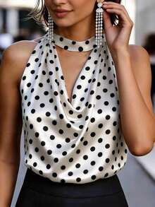 Blusa de satén con estampado de lunares, Camiseta de mujer con cuello drapeado, Blusa blanca con lazo en el cuello, Top de playa, Conjunto de vacaciones de mujer, Top de fiesta, Top de - Blanco y Negro - Ver 1