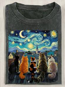 Funny Cat Starry Night Van Gogh Cats Rooftop Scene Feline 230g Washed T-Shirt - Black - View 1