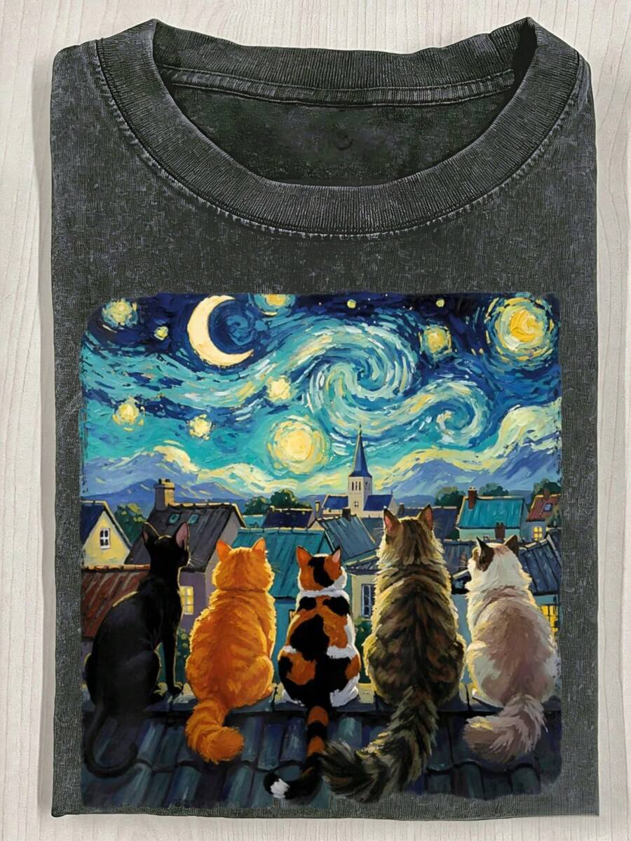 Funny Cat Starry Night Van Gogh Cats Rooftop Scene Feline 230g Washed T-Shirt - Black - View 1