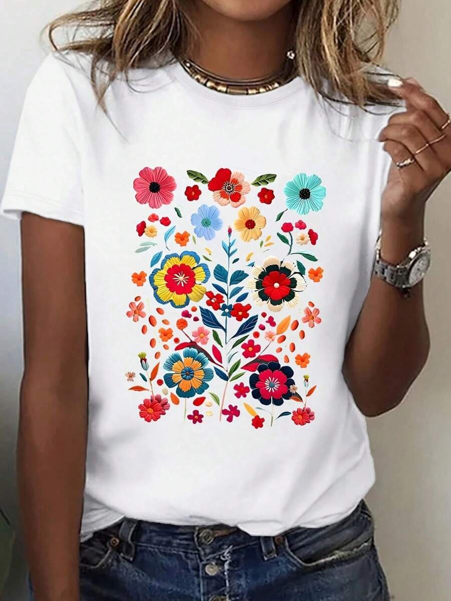 Camiseta casual de aodón de manga corta con cuello redondo y estampado floral casual, 220g