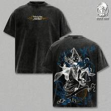 Camiseta – Camiseta con doble estampado de sombrero de bruja de Atelier, camiseta gráfica de estilo vintage anime, lavada, de corte holgado, ropa de calle casual, top unisex de algodón - Negro - Ver 1