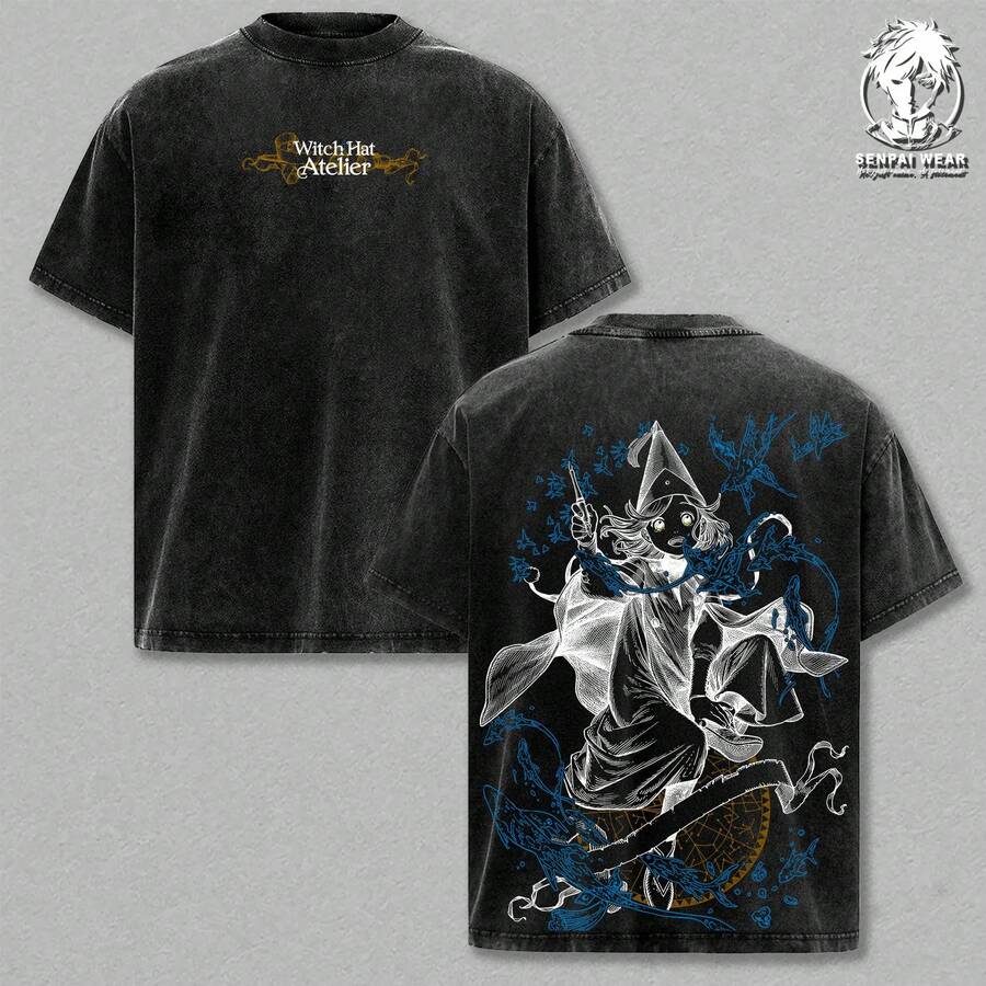 Camiseta – Camiseta con doble estampado de sombrero de bruja de Atelier, camiseta gráfica de estilo vintage anime, lavada, de corte holgado, ropa de calle casual, top unisex de algodón - Negro - Ver 1