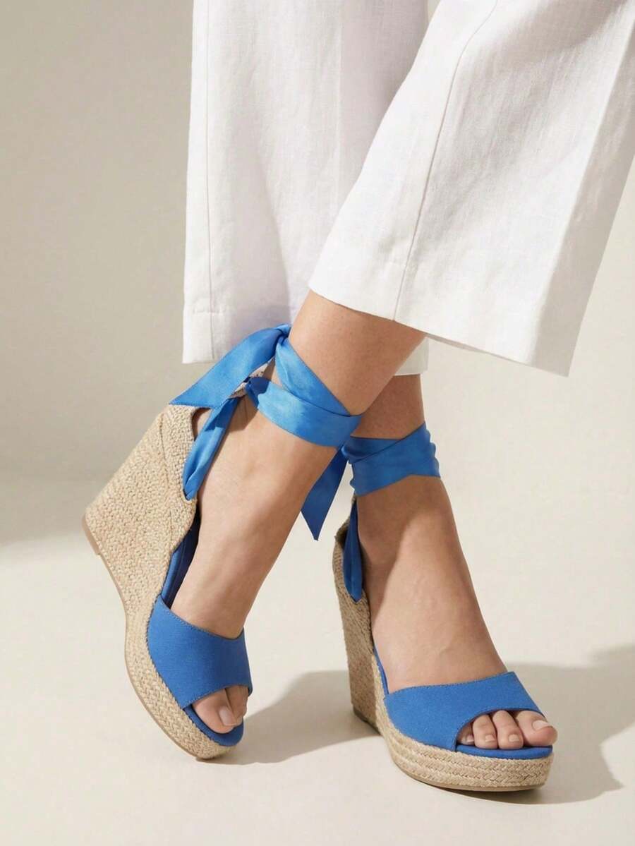 Women's Platform Sandals, Jute Wedge, Espadrille Wedge, High Espadrilles, Tie Straps, Wedge Heel, Comfortable, Casual, Boho, Summer, Women's Fashion - 卡其色 - 查看 1