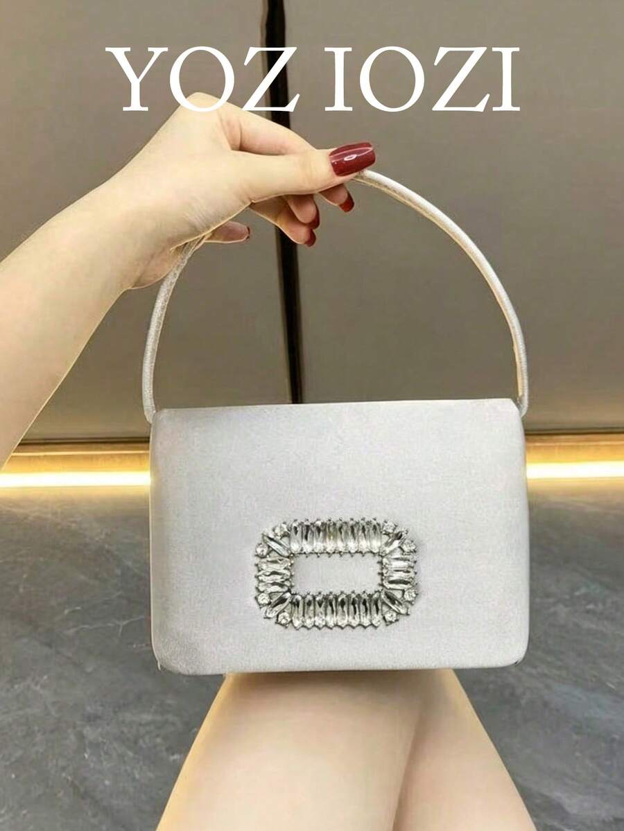 Vintage Textured Lychee Grain PU Handheld Bowling Bag, Autumn/Winter Versatile Fashion Women's Work Commute Crossbody Pillow Bag - Silver - View 1