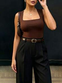 Pantalones de cintura alta y pierna ancha ajustados para mujer en color negro | Estilo bohemio de calle | Adecuado para primavera/verano, uso casual, ir al trabajo (Cinturón no incluido) - Negro - Ver 2