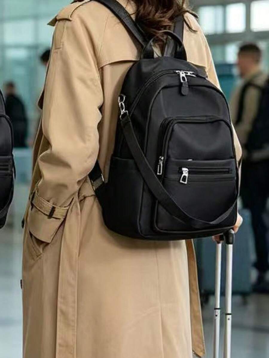 Ransel Wanita Kapasitas Besar Warna Polos Gaya Klasik - Hitam - View 1