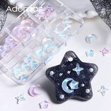 6-Grade Encantos de Arte de Unhas Estrela & Lua Rosa & Azul, Decorações de Unhas com Strass Aurora Lua & Estrela de Costas Planas, Suprimentos de Arte de Unhas DIY - Multicolorido - Visão 2