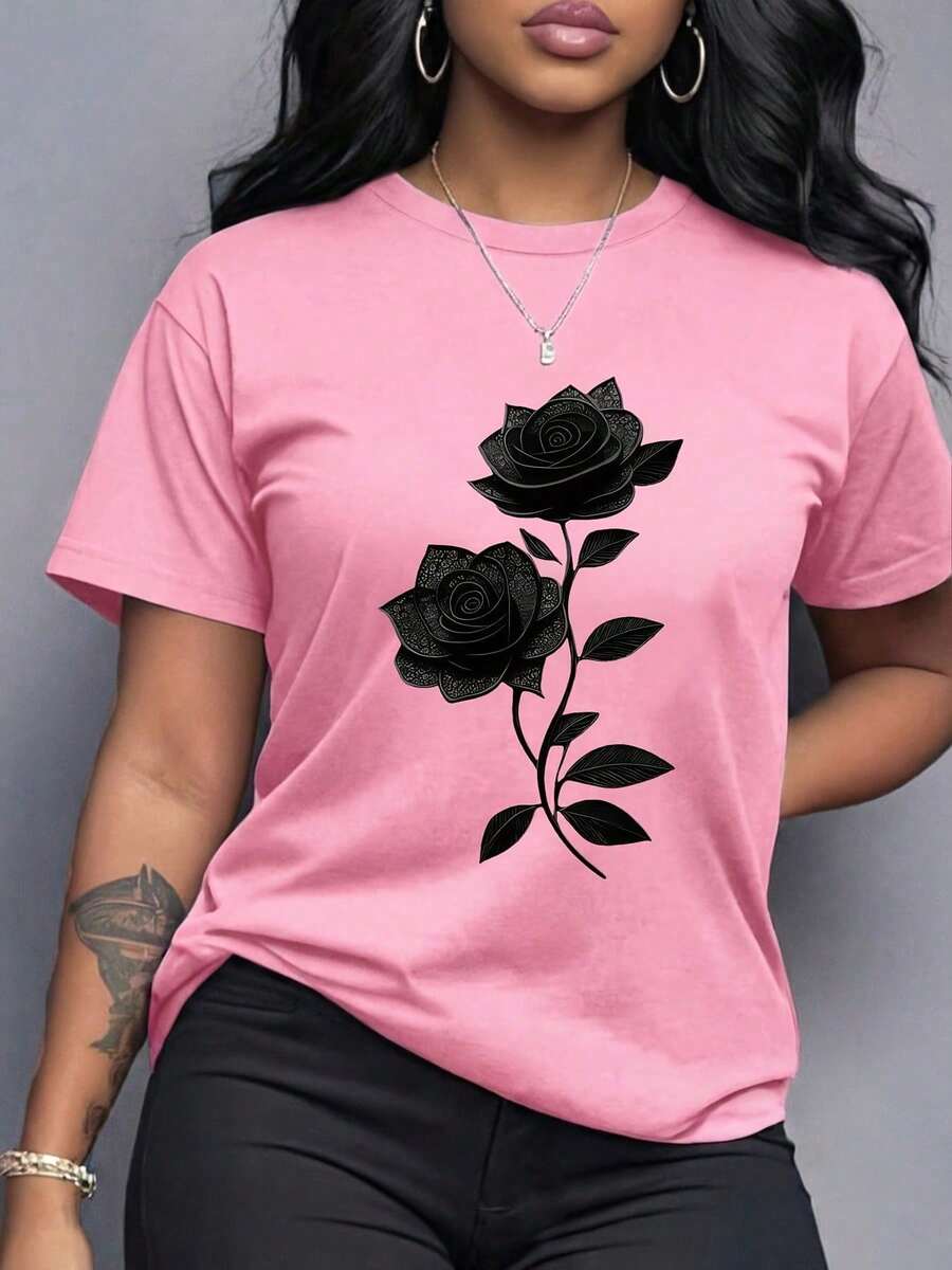 Spring Clothes Women's Clothing, Ladies Plus Size T-Shirt Black Rose Print - Casual Short Sleeve Round Neck Top, Medium Stretch Fabric, All-Season Com - 粉色 - 查看 1