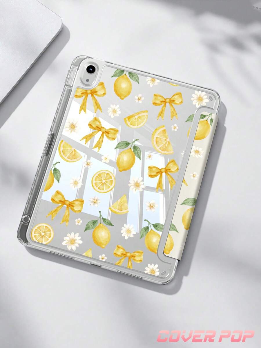 黃色蝴蝶結檸檬雙面彩繪壓克力水晶保護殼，適用於 iPad Air 8(M4)2026(11吋)、Air 8(M4)2026(13吋)、第10代、10.2/Mini 6/Mini 7/9.7吋、Galaxy Tab A9 Plus、3+Y可折疊平板，防彎曲、矽膠加固邊角、自動喚醒/睡眠功能、內置筆槽、多角度折疊支架 - 完美的日常保護，節日禮物