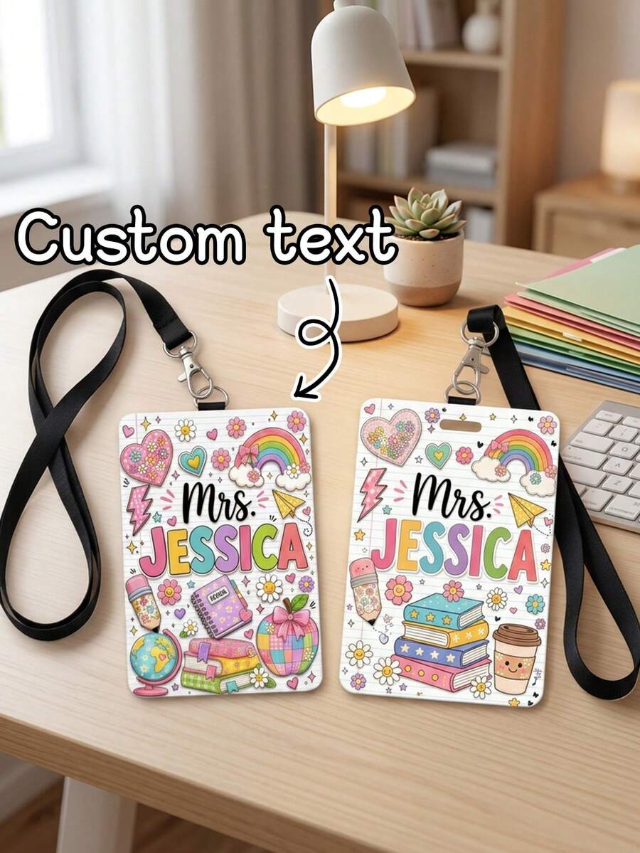 1pc Customized Rainbow Graffiti Teacher Luggage Tag, Meal Card Holder, ID Card Sleeve, Teacher & Student Stationery, Teacher Appreciation Gift, Classroom Essential, Back To School, Elementary & Kindergarten Teacher Backpack Charm - Multicolor - View 1