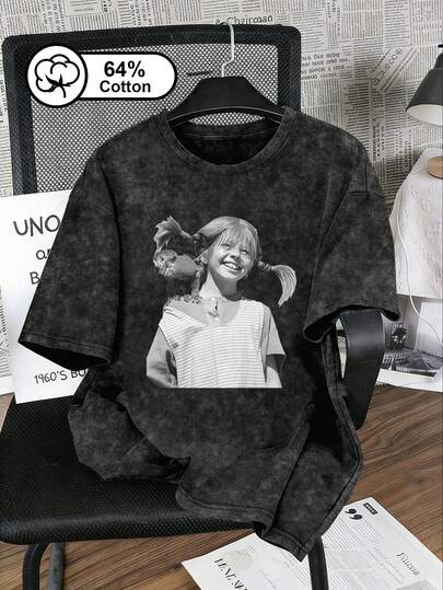 Plus Size Women's Vintage Washed Snowflake T-Shirt With A Little Girl Graphic Print, Casual Crew Neck Short Sleeves, Everyday Wear, Summer Top. Black