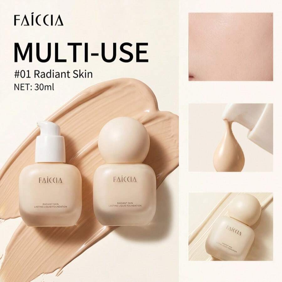 FAICCIA 煥采肌長效液態粉底 2色號 抗氧化 防水抗汗 極輕薄 不卡粉 柔滑易暈染 全天清新不暗沉 便攜可愛圓形壓泵瓶 適合日常妝容初學者 可愛圓蓋