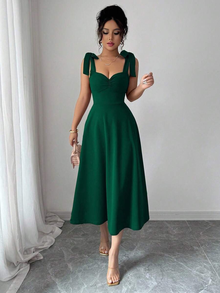Elegant And Romantic Women's Dress With Thin Straps, Sleeveless Design, Fitted Waist With Bow And Flared Skirt, Perfect For Halloween, Music Festivals, Parties And Casual Wear In Autumn - 綠色 - 查看 1