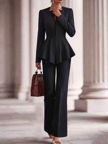 Elegant Women's Black 2 Pieces Suit, Notch Collar Ruffle Hem Top And Pants Set, Suitable For Autumn/Winter Wear - Black - View 4