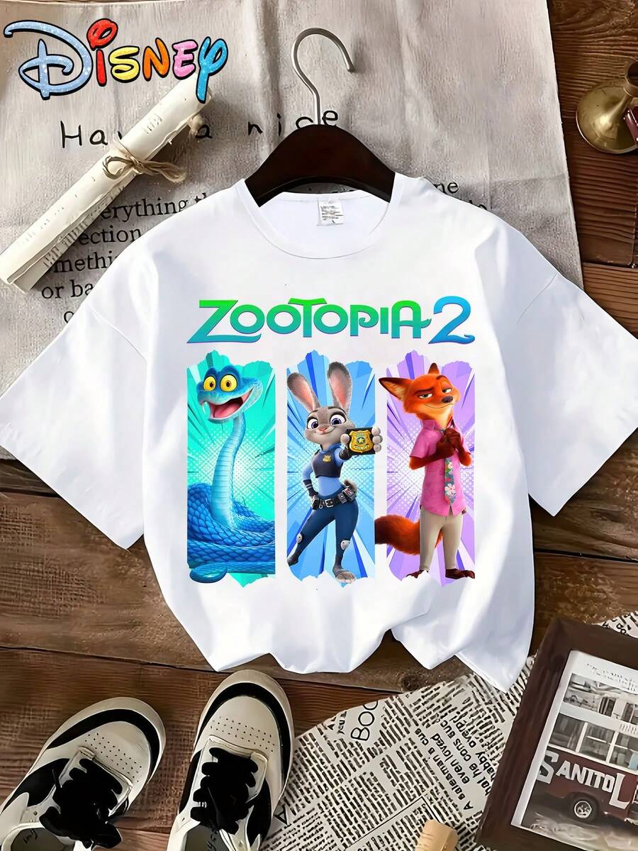 Disney (Loose Version)Zootopia 2 Judy, Nick, And Gary Printed Round-Neck Short-Sleeve T-Shirt, Machine-Washable Fabric, Suitable For Daily Wear And Themed