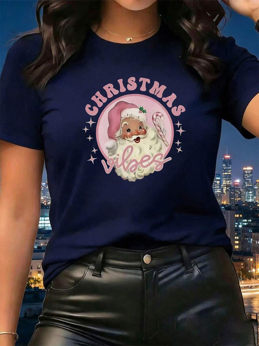 Women's T-Shirt, Christmas Vibes Text, Comfortable Wear - 藏蓝色 - 查看 1