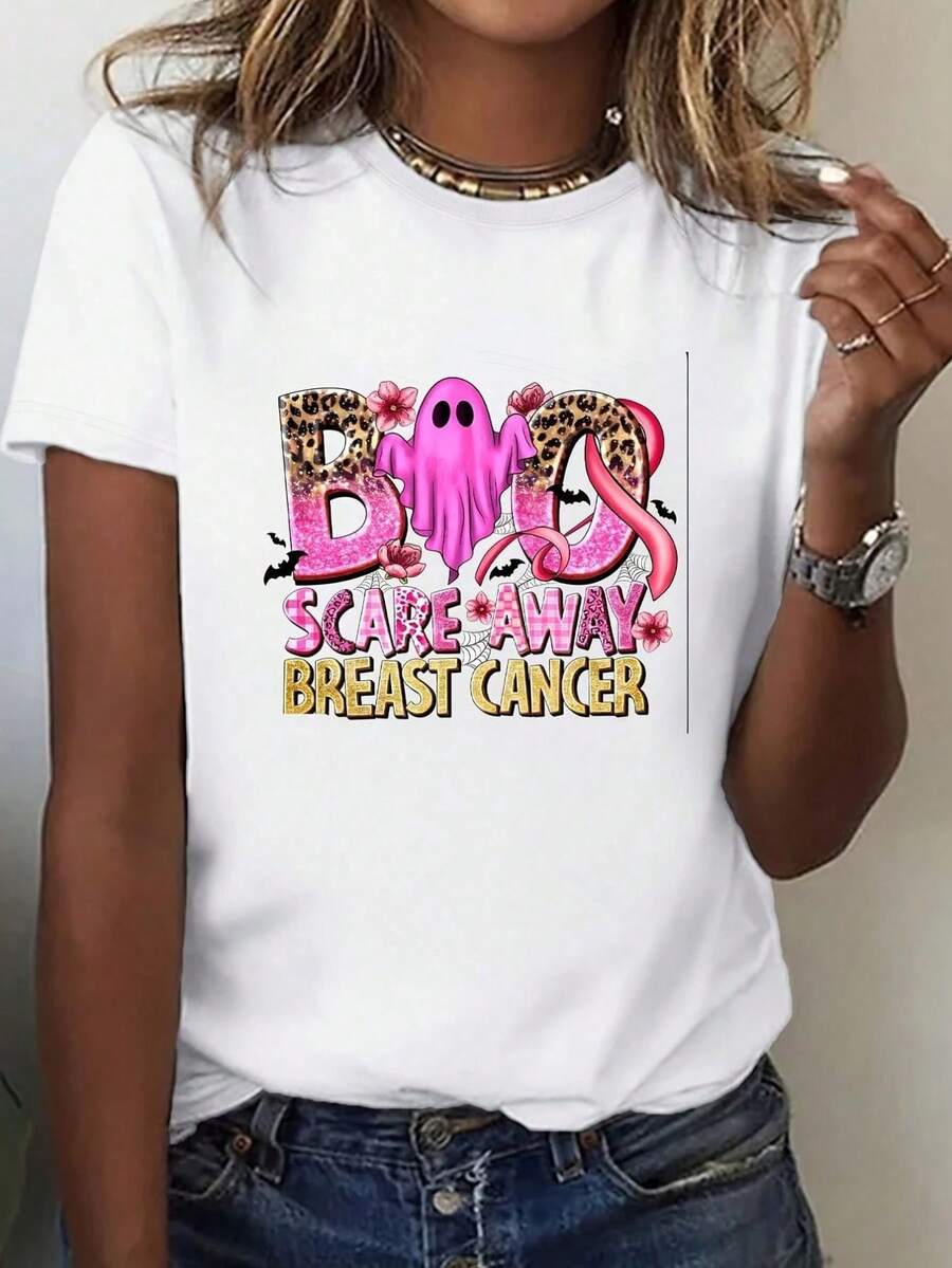 Camiseta de mujer con estampado de concienciación sobre el cáncer de mama, cómoda, transpirable uave con patrón de letras casual de manga corta, adecu para uso diario, 220g