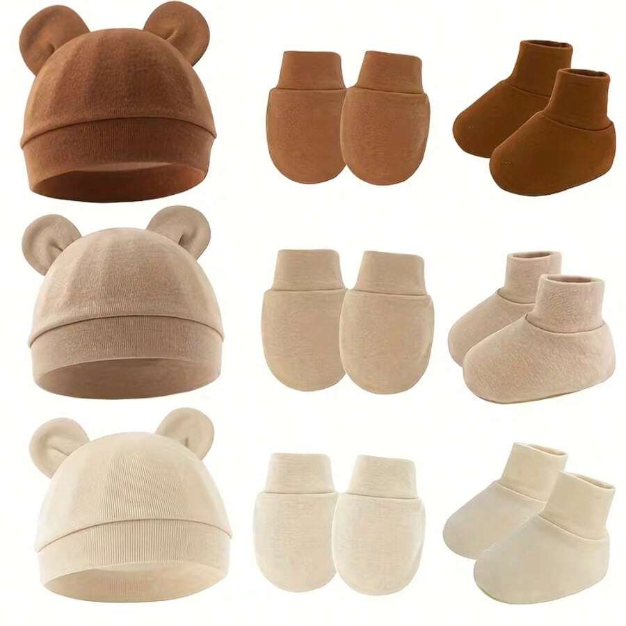 3件組 熊耳帽子、防抓手套、腳套、嬰兒毛帽,適合0-6個月大的嬰兒 - 3pcs - 查看 1