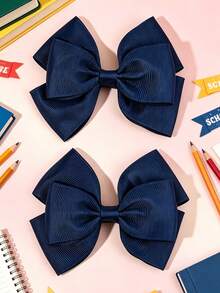 2pcs Navy Blue Bow Hair Clips, Solid Color Fabric Simple Bow Hair Clips, Fashionable Back To School Hair Accessories Suitable For Gifting In Summer, Vacation Essentials, Girls Back To School, Teacher Gifts, Party Favors, Suitable For Daily Wear - Navy Blue - View 2