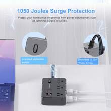 Regleta con protector de sobretensión de 5 pies y enchufe plano, 6 tomas de corriente espaciadas + 4 puertos USB, extensor de toma de corriente montable en la pared, esencial para hogar, oficina y dormitorio - Negro - Ver 8