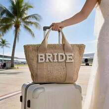 1pc/2pcs Bride Beach Accessory Set, Straw Tote Bag And Pearl Rhinestone "Bride" Sun Hat, Suitable For Bridesmaid Party, Honeymoon And Wedding Photography - A - View 3