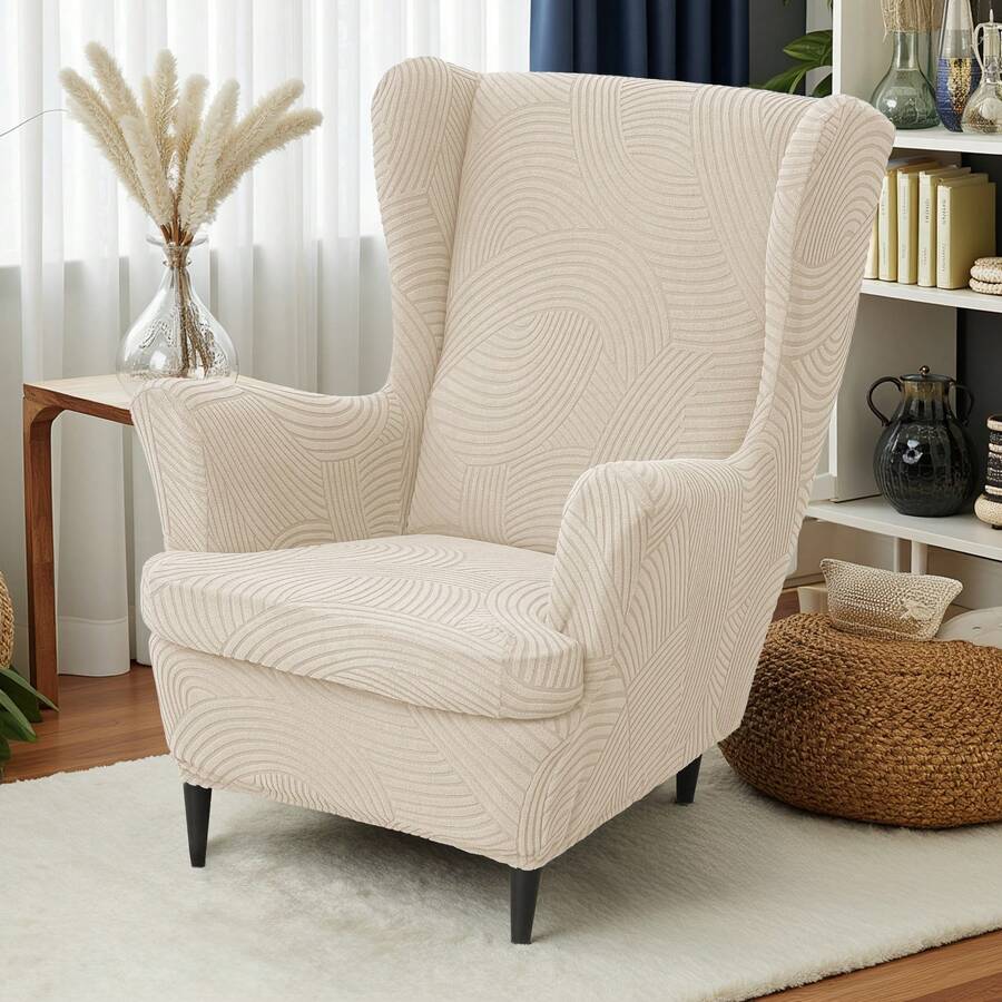 2pcs Solid Color Wing Chair Cover With Seat Cushion Cover, Elastic All-Season Universal Single Sofa Cover, Full Coverage Sofa Protector For Living Room