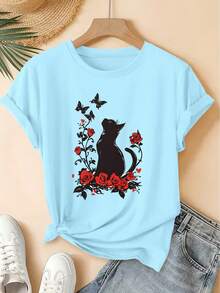 Spring/Summer New Women's Round Neck T-Shirt With Cat Catching Butterfly Print In Rose Flower Field, Vintage Distressed Style Casual Sports Top, Soft - Hot Pink - View 2