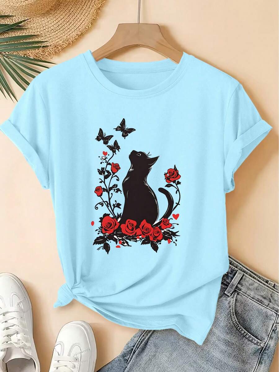 Spring/Summer New Women's Round Neck T-Shirt With Cat Catching Butterfly Print In Rose Flower Field, Vintage Distressed Style Casual Sports Top, Soft