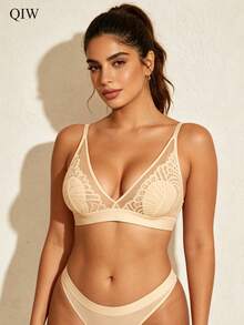 2pcs Women's Lace Patchwork Wireless Rabbit Ear Cup Bra, Back Closure Adjustable Straps, Mesh Patchwork Sexy Breathable Lightweight Lingerie - Multicolor - View 6