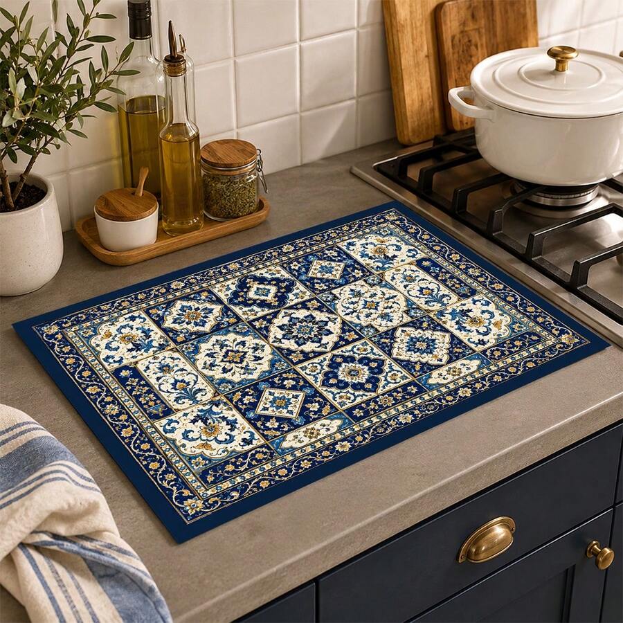 1pc Absorbent Drying Mat, Kitchen Decor Coffee Machine Mat, Handmade Coffee Pot Drip Tray, Kitchen Floor Mat, Table Mat, Kitchen Countertop Dish Drying Mat, Breakfast Mat, Heat-Resistant Drip Tray With Non-Slip Backing, Diatomaceous Earth Drip Tray, Stain-Hiding, Super Absorbent Kitchen Drip Tray, Easy-To-Clean Dish Rack Mat, Perfect For Kitchen, Table, Coffee Shop, Bar, Holiday, Party, Home Decor, Holiday Gift, Persian Style - Multicolor - View 1
