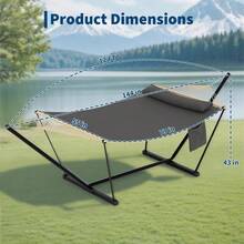 Robuste Doppel-Hängematte mit Stahlgestell – Tragbare Outdoor Hängematte für 2 Personen – Inkl. weichem Kissen, Balance-Seile, hohe Belastbarkeit, für Garten, Terrasse, Balkon oder Strand - Dunkelgrau - Übersicht 1