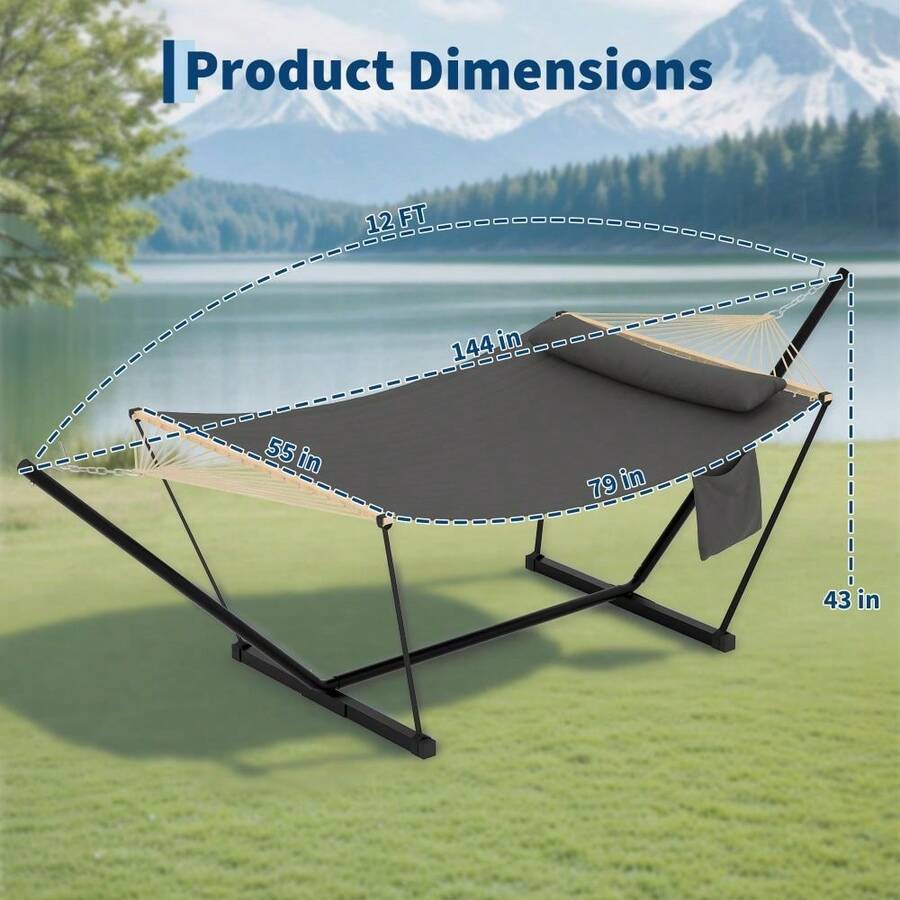 Robuste Doppel-Hängematte mit Stahlgestell – Tragbare Outdoor Hängematte für 2 Personen – Inkl. weichem Kissen, Balance-Seile, hohe Belastbarkeit, für Garten, Terrasse, Balkon oder Strand - Dunkelgrau - Übersicht 1