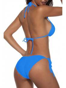 Women Two Piece Swimsuit Sexy Swimwear Halter String Triangle Bikini Sets - Blue5 - View 3