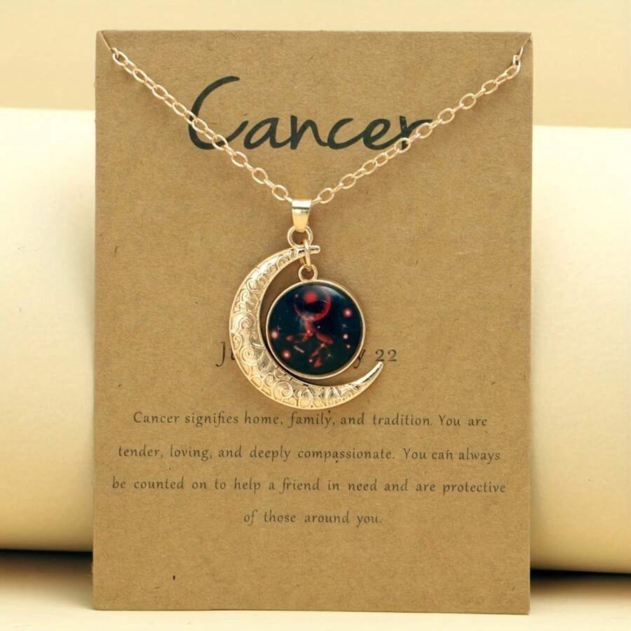 1 Retro Zodiac Moon Pendant Necklace That Glows In The Dark - Vintage Style, Zinc Alloy With Details, Adjustable Chain For Women - Ideal For Everyday Wear And Gifts - 金癌 - 查看 1
