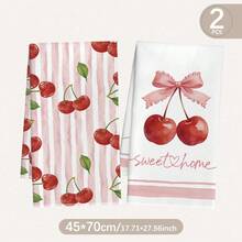 2件裝水彩粉色條紋紅櫻桃蝴蝶結插圖「Sweet Home」文字印花圖案廚房毛巾、洗碗巾、手巾、抹布、家居裝飾、廚房裝飾、手巾、廚房配件、可機洗、清潔用品，適用於餐廳、廚房、浴室、家居裝飾和禮物，四季皆宜 - 彩色 - 查看 13