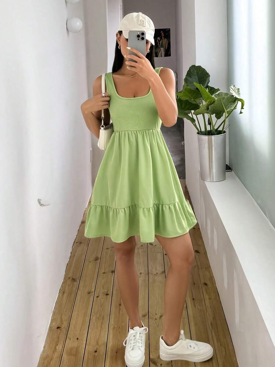 Vestido tipo chaleco de color sólido con diseño empalmado para mujer - Amarillo verdoso - Ver 1