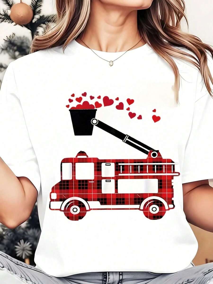 Women's Crew Neck T-Shirt With Fire Truck And Heart Print, Casual Wear For Valentine's Day, 220g - 白色 - 查看 1