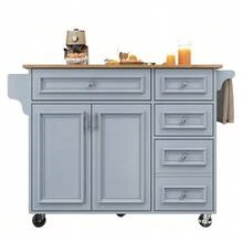 Kitchen Island (110 * 45-75 * 92 Cm), Modern Kitchen Island, Kitchen Cabinet, Removable Serving Cart, Sideboard, Vintage Pattern Dining Room Serving Cart, Buffet, Multifunctional Dining Table With Storage, Blue - Baby Blue - View 1