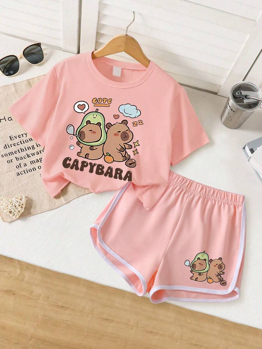 2pcs/Set Capybara Print T-Shirt + Shorts Set For Tween Girls, Cute Soft Comfortable Daily Wear - Pink - View 1