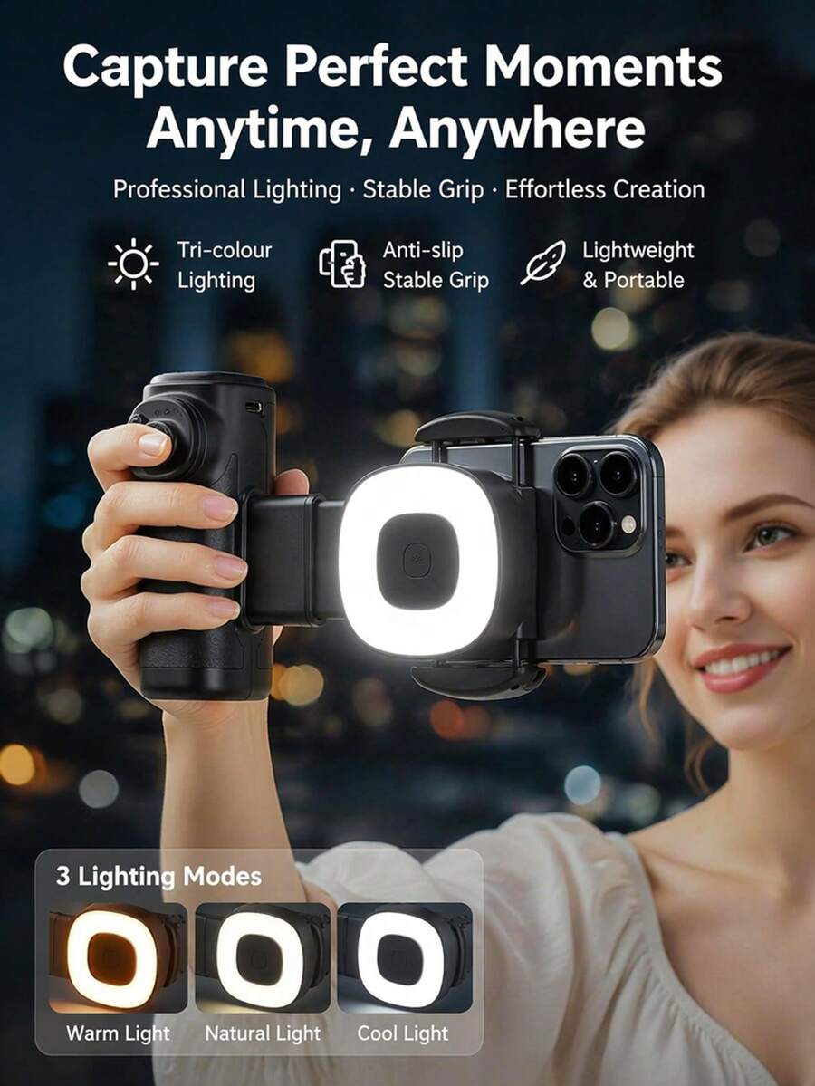 手機穩定器手柄附環形補光燈，3 種色溫模式 (3000K-6500K)，360° 可調手持 Vlog 攝影機，兼容 和 Android，便攜式錄影支架，適用於直播、排練、化妝