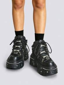 Thick Sole Height-Increasing Soft Bottom Ankle Boots For Women, Black Round Toe Lace-Up Metal Flat Ankle Boots, Punk Style Sports Casual Shoes, Halloween Y2K Style Sneakers - Black - View 5